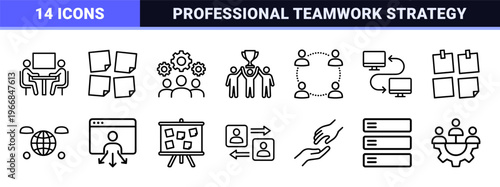 Corporate Teamwork and Business Collaboration Outline Symbols. Ultra-minimalist monoline geometric line art for professional project management.