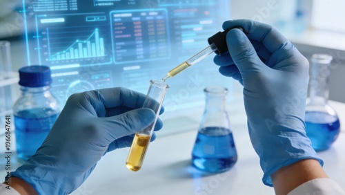 Researchers operate test tubes and droppers in the laboratory, combined with a digital technology screen, presenting a professional experimental scene for biotechnology and beauty R&D, making it a vis