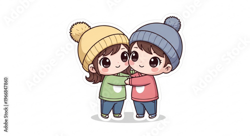 Two children in colorful winter hats and sweaters smiling and hugging each other closely