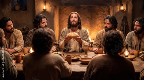 Man holds bread during Last Supper, with disciple men on table. Biblical scene for Easter, Christian church, resurrection concept.