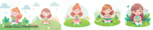 vector of a little girl sitting happily holding an Easter egg