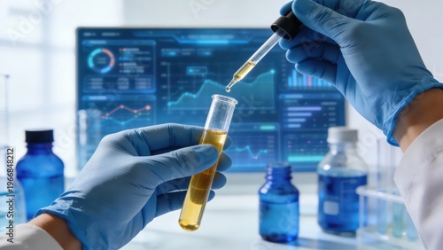 Researchers operate test tubes and droppers in the laboratory, combined with a digital technology screen, presenting a professional experimental scene for biotechnology and beauty R&D, making it a vis