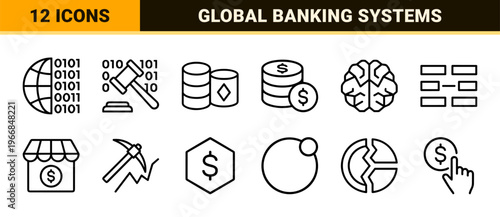Fintech and Digital Banking Geometric Line Art: Ultra-Minimalist Monoline Symbols for Cryptocurrency, Electronic Finance, and Global Commerce.
