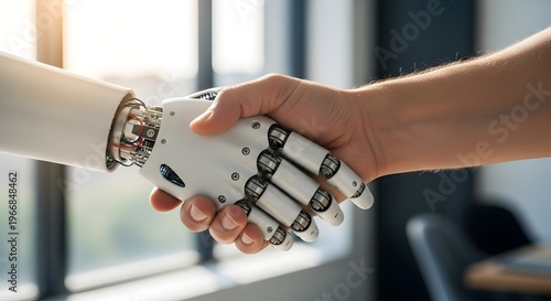 Human hand firmly shaking the advanced white robotic android hand symbolizing new technology partnership