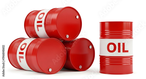Four red oil barrels stacked with one upright on a white surface