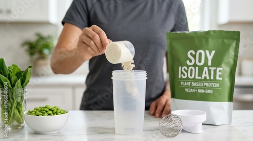 soy protein, plant-based, vegan, protein powder, supplement, shaker bottle, healthy lifestyle, person pouring soy isolate into a mixer with edamame for sports nutrition.