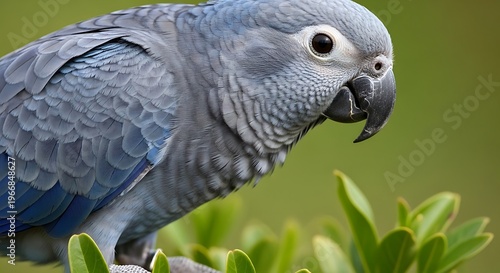 Beautiful closeup grey African grey parrot perched on green foliage in natural outdoor setting