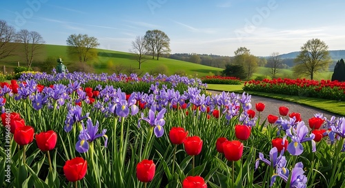 Beautiful spring garden featuring vibrant red tulips and purple irises in a lush green countryside landscape