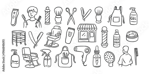 Hair salon and barber shop doodle icon set. Hand-drawn sketches of scissors, hair dryer, combs, mirrors, styling tools, and chairs. Professional hair care linear vector illustrations.