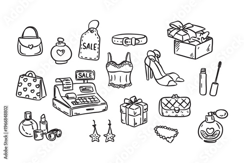 Hand-drawn style outline icons set of shopping items: handbags, perfume bottles, clothing, cosmetics, gifts, jewelry, shoes, a cash register, and a sale tag
