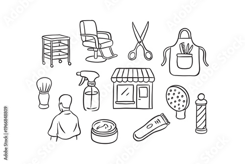 Professional barber shop and hair salon icons set. Hand-drawn linear doodles of scissors, barber chair, tools trolley, pole, clipper, and stylist accessories.