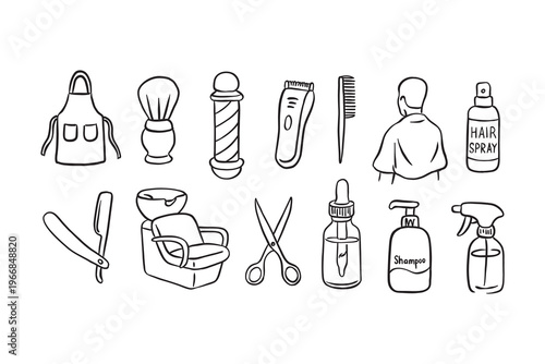 Set of hand-drawn green outline icons for barber shop and hair salon. Includes clipper, scissors, razor, barber pole, shampoo, hair spray, and wash chair.