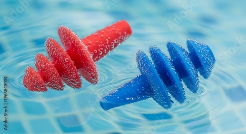 Colorful swim earplugs floating in clear water with ripples around them