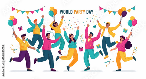 A group of diverse people celebrating World Party Day with colorful balloons and confetti on a white background, conveying a joyful and festive mood in a lively illustration.