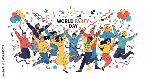 Colorful illustration of a diverse group of people jumping and celebrating on World Party Day with confetti and balloons on a white background.