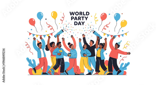 Illustration of diverse people celebrating World Party Day with colorful balloons and confetti on a white background.