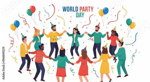 A vibrant illustration of diverse people celebrating World Party Day with colorful balloons and streamers on a white background, conveying a joyful atmosphere.