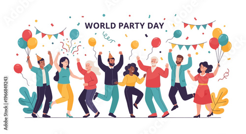 A colorful illustration of a diverse group of people celebrating World Party Day with balloons and festive decorations on a white background.