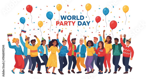 Vector illustration of diverse people celebrating World Party Day with balloons and confetti on a white background, conveying a joyful atmosphere.