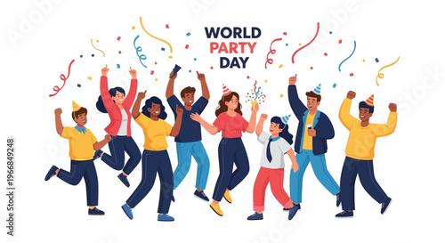 A colorful illustration of diverse people celebrating World Party Day with joyful movements and confetti against a clean white background.