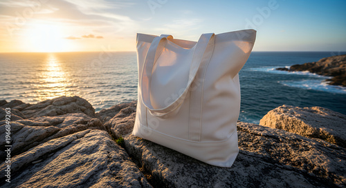 A white tote bag sits on a rocky cliff overlooking a vast blue ocean the sky is a soft blue and the sun is setting in the distance tote bag mockup mockup fabric bag tote blank canvas cloth design eco 