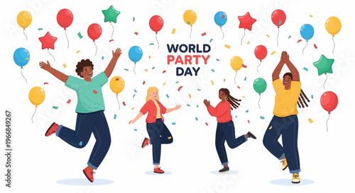 Illustration of diverse people celebrating World Party Day with colorful balloons and confetti on a white background.