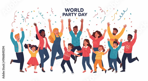 Illustration of diverse people celebrating World Party Day with colorful confetti against a white background, conveying a joyful atmosphere with vibrant design elements.
