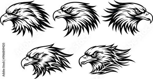 Five black and white eagle head illustrations in a tribal tattoo style with sharp lines. isolated on transparent background