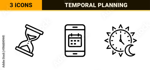 Ultra-minimalist Monoline Time and Calendar Icon Set Featuring Geometric Line Art for Scheduling, Planning, and Chronometry Productivity Apps