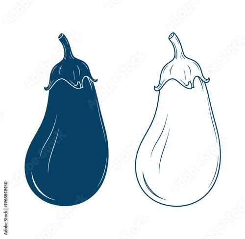 Blue and white eggplant illustrations side by side on white background