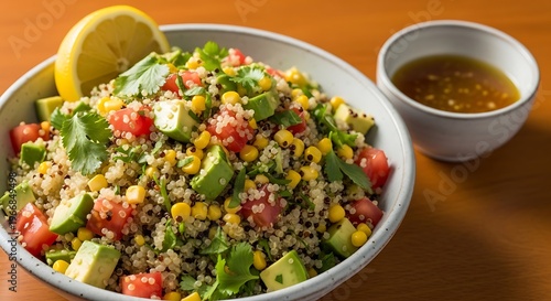 Fresh colorful quinoa salad with avocado corn tomatoes and lime garnish served with dressing on wooden surface