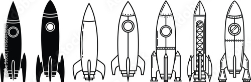 Collection of retro space rocket illustrations in various styles from silhouettes to detailed line art. isolated on transparent background