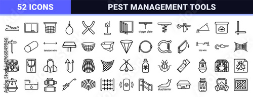 Pest Control and Humane Animal Trapping Equipment Line Art; Ultra-Minimalist Monoline Symbols for Wildlife Management and Extermination Services.