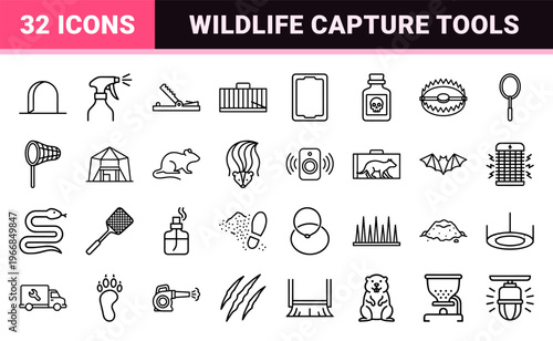 Pest Control and Wildlife Trapping Line Art. Ultra-minimalist monoline geometric outline symbols for extermination and animal management services.