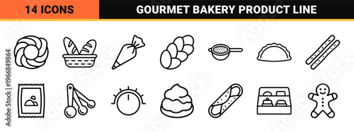 Artisanal Bakery and Pastry Shop Line Art Icons featuring Ultra-Minimalist Geometric Outlines for Gourmet Baking and Dessert Branding