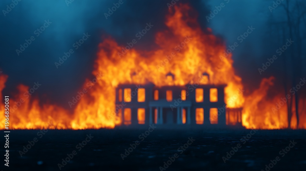 Fototapeta premium A miniature house model engulfed in intense flames, set against a dark smoky background.