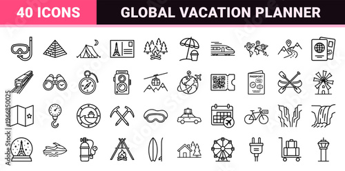 Ultra-minimalist monoline travel and tourism line art symbols featuring geometric vacation, transport, and adventure navigation outline elements.