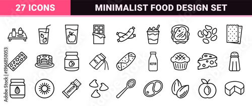 Breakfast and Morning Nutrition Ultra-Minimalist Geometric Line Art Set featuring Healthy Food, Dairy, and Drinks in Monoline Outline Style.