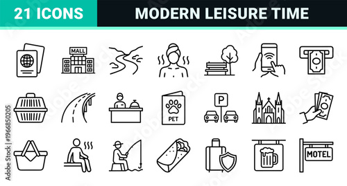 Ultra-minimalist Monoline Global Travel Icon Set featuring 80 Geometric Outline Symbols for Tourism, Hospitality, and Vacation Planning Services.