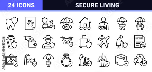 Comprehensive Insurance and Risk Management Outline Icon Set featuring Ultra-minimalist Geometric Line Art for Financial and Security Services