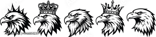 Five eagle head mascot logos with crowns and mohawks in black and white silhouette style isolated on transparent background