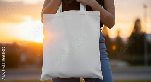A woman is holding a blank solid white canvas tote bag outdoors during sunset the bag is shown in close-up highlighting its simple design and versatile use mockup tote bag mockup mockup fabric bag tot