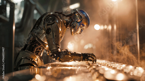 Humanoid Robot Working In A Smoky Industrial Factory