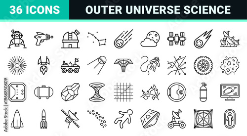 Outer Space Universe Ultra-Minimalist Monoline Icon Set featuring Astronomy Science and Galaxy Exploration Symbols for Clean User Interfaces