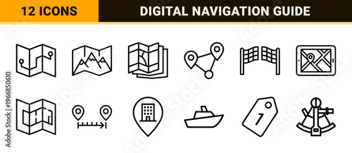 Geographic Positioning and Navigation System Interface Elements Featuring Ultra-minimalist Monoline Geometric Line Art for Digital Mapping.