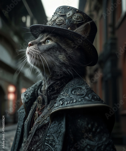 Steampunk Cat Wearing Top Hat And Ornate Coat On City Street