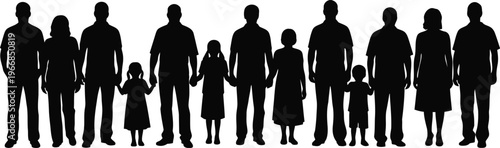 Silhouettes of a diverse family group standing together in a row
