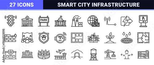 Urban Development and Smart City Infrastructure Ultra-Minimalist Monoline Geometric Line Art for Sustainable Planning and Civic Engineering
