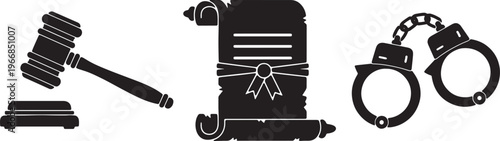 Law, justice, and order icons, gavel, handcuffs, legal documents isolated on Transparent Background