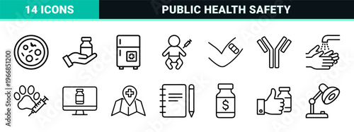 Immunology and Vaccination Geometric Line Art Graphics featuring Syringes, Vials, and Medical Equipment for Healthcare and Science Interfaces.
